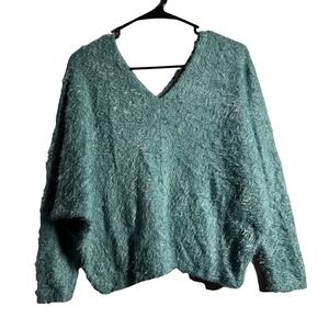 Jolie Teal Fuzzy V Neck Long Sleeve Oversized Sweater Top Women's Size M